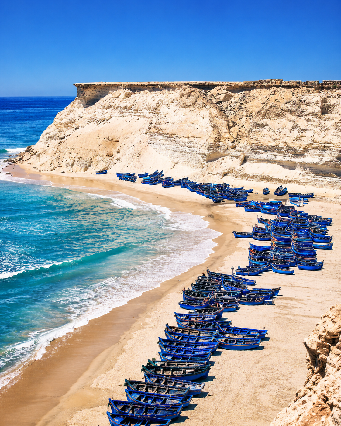 Dakhla Atlantic coast with blue fishing boats and pale coastal cliffs