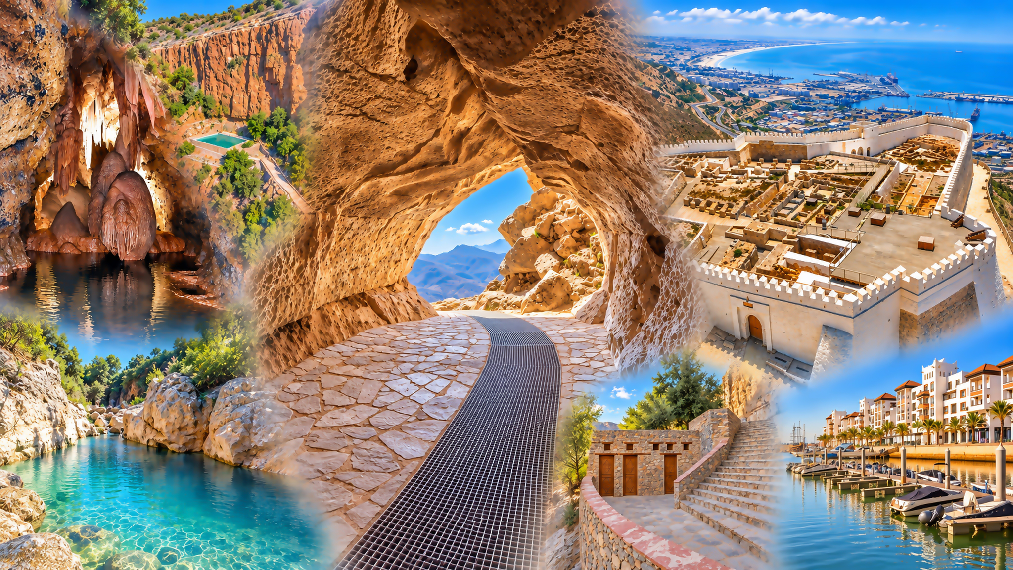 Visual composition of cave rock, water and Agadir Oufella overlooking the Atlantic coast