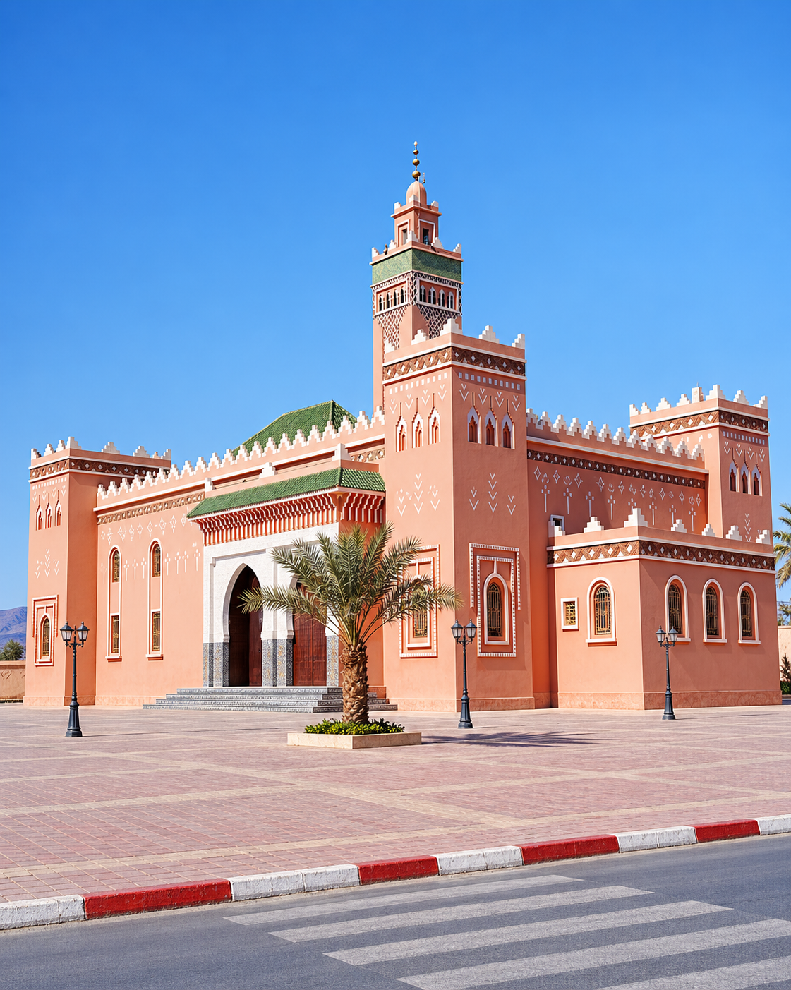Terracotta mosque with a green-tiled minaret and palm tree in Zagora