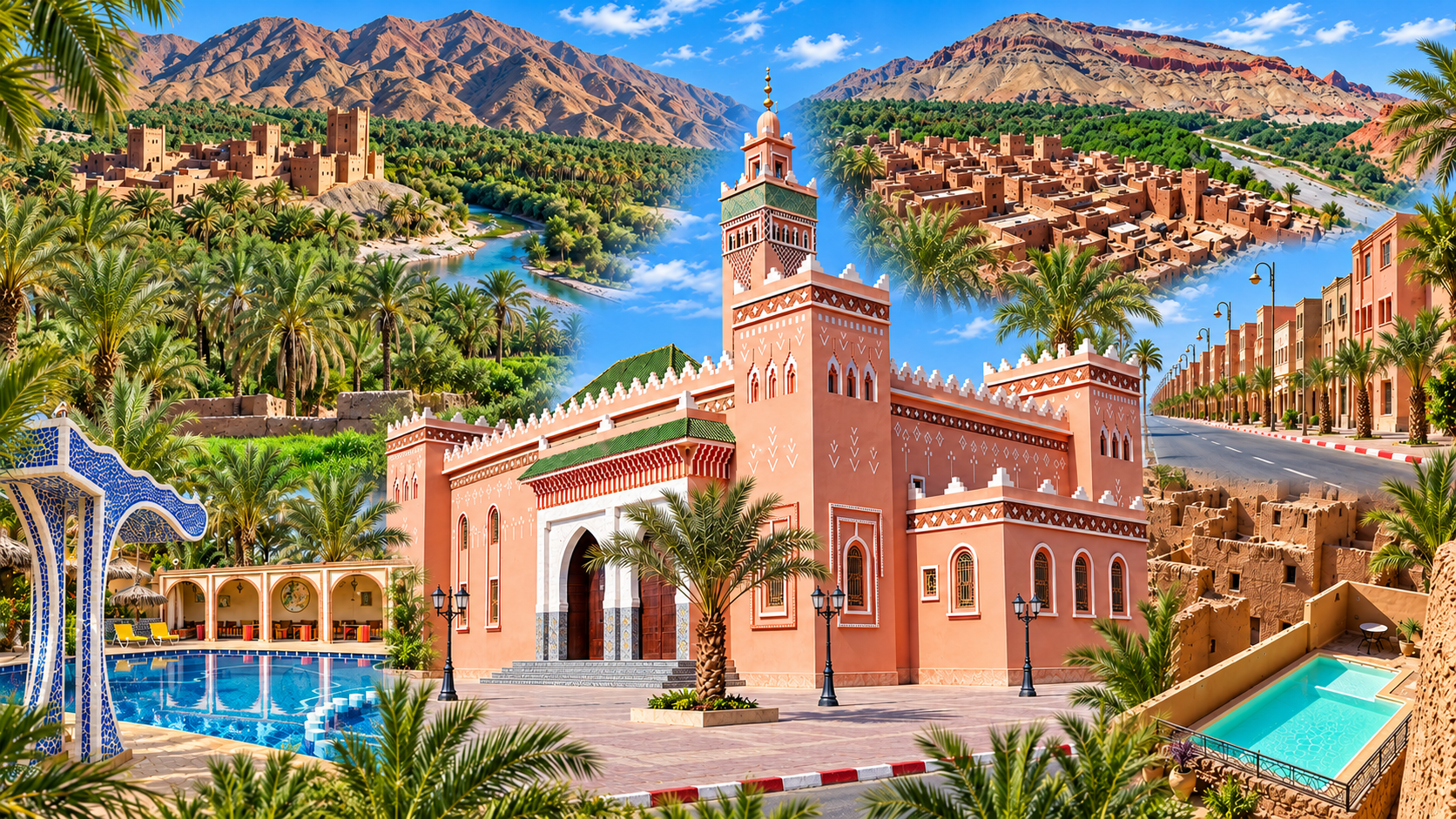 Visual composition of Zagora with palm groves, earthen settlements and a terracotta mosque