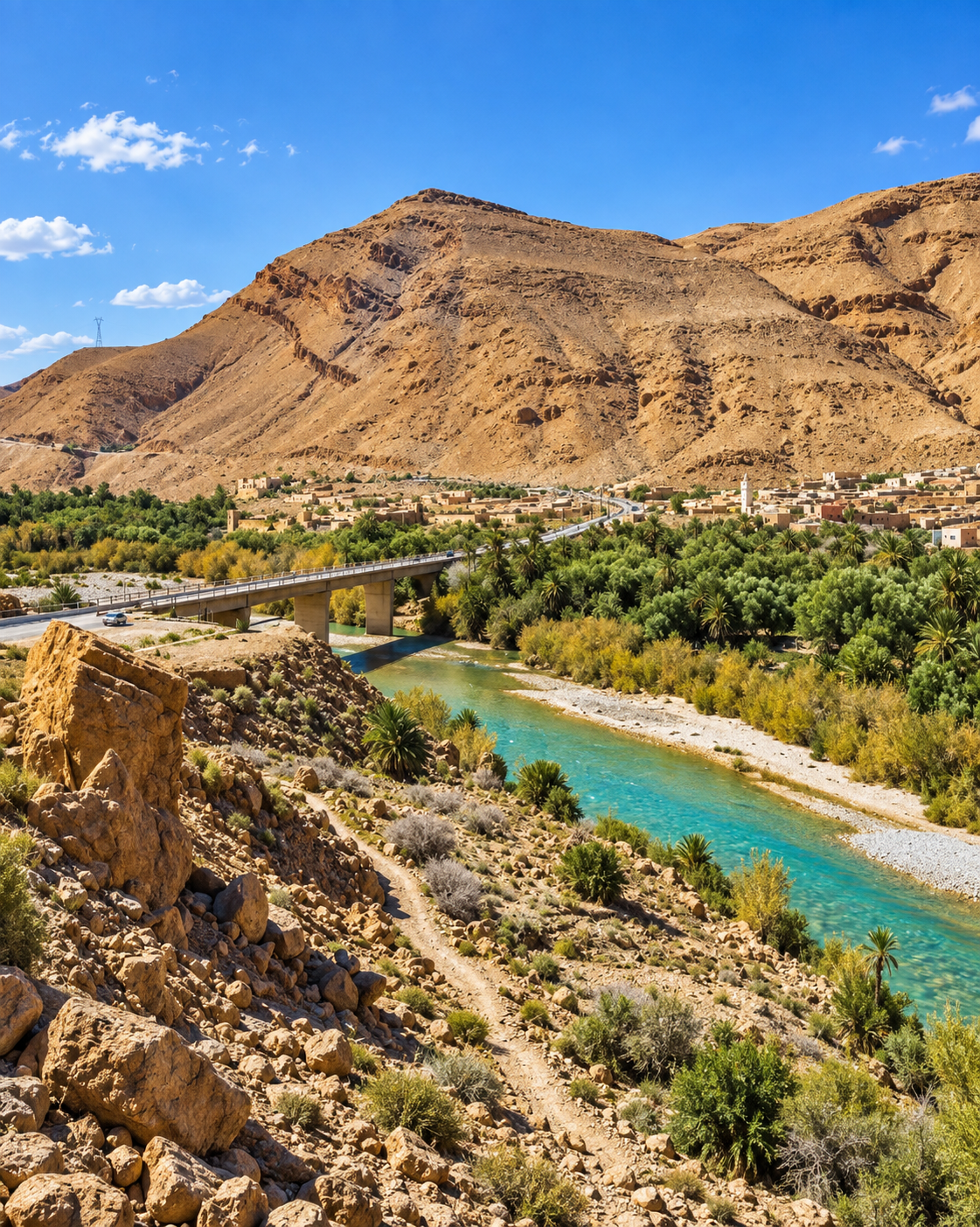 River, road bridge and village beneath rocky slopes in the Ziz Valley