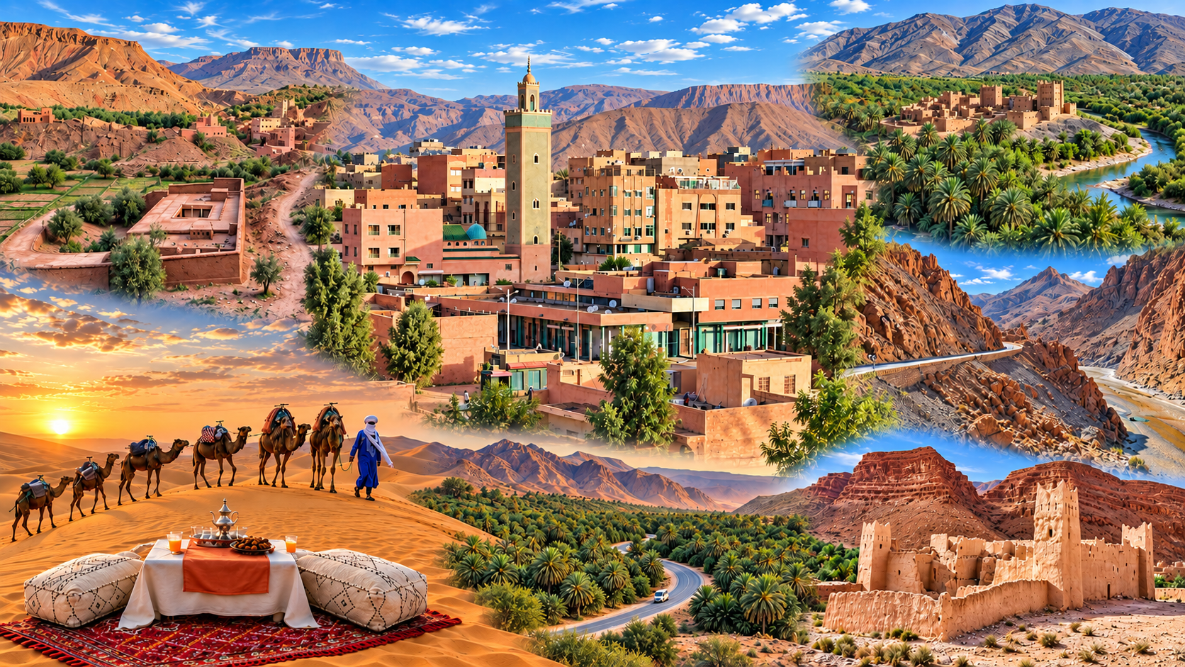 Panoramic montage of Ziz Valley landscapes, Errachidia, earthen settlements and the wider Sahara route